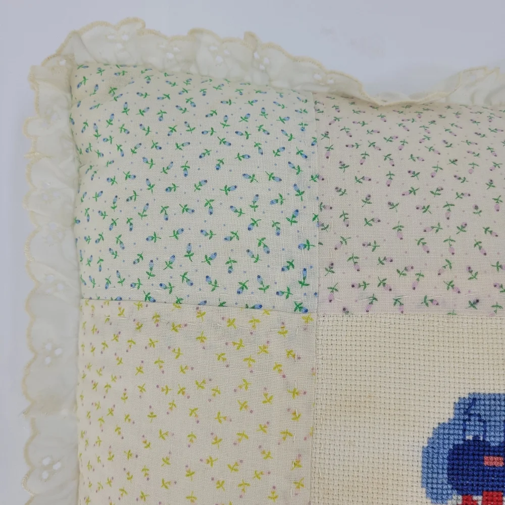 Handmade Vintage Quilted Cross Stitch Pillow Floral Dog Puppy Lace Grandma